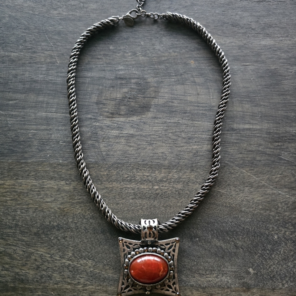 Silver Chain Necklace with Red Stone Pendant